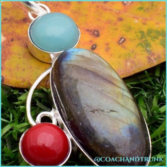 NEW ALL NATURAL LABRADORITE RED CORAL AMAZONITE Pendant 18" Sterling Necklace - Picture 2 of 8